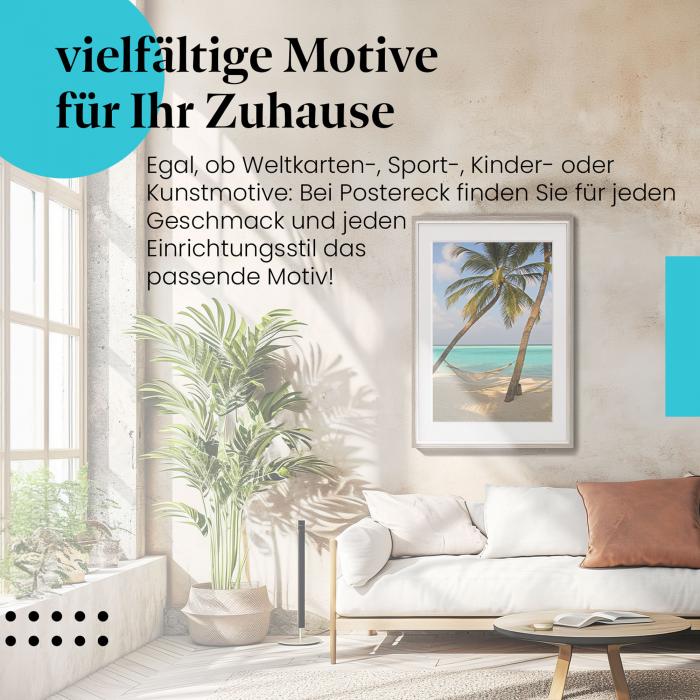 Stylisches Leinwandbild: Tropischer Traumstrand: Entspannung pur in der Hängematte.